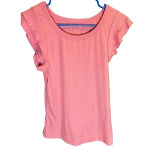 Just Be Womens Pink Ribbed Ruffle Cap Sleeve Scoop Neck Top Size S SKU 0107934